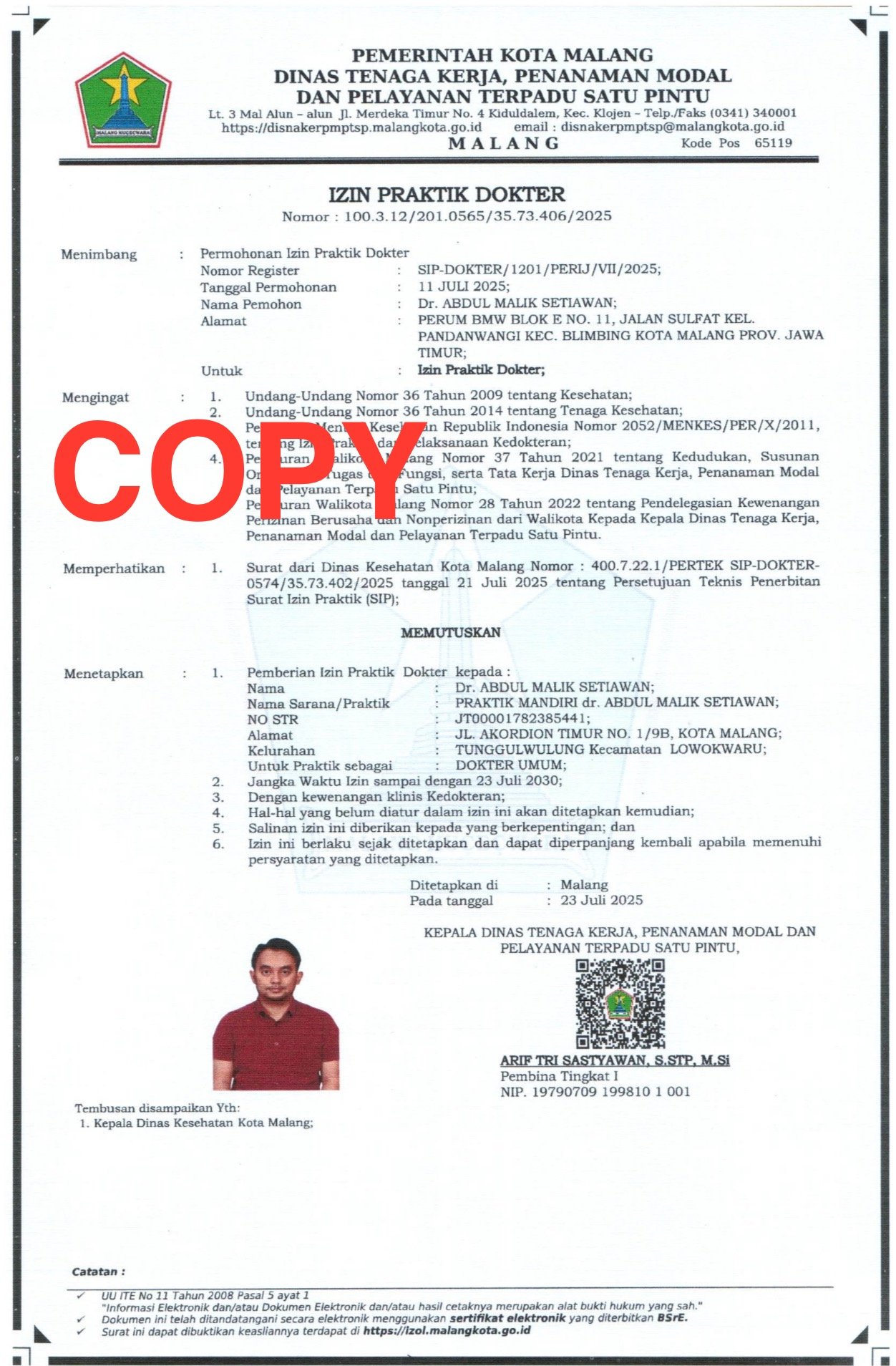 Surat Izin Praktik (SIP) Malayan Medika